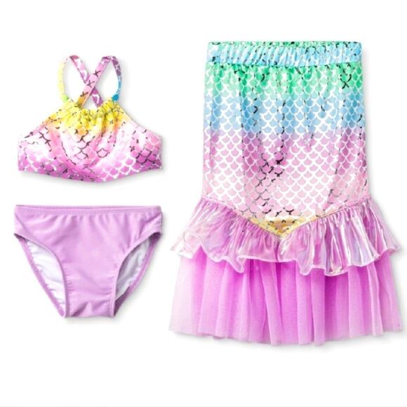NWT Cat & Jack Baby Girls 3 Piece Mermaid Scale Shirt and Bikini Purple - Picture 1 of 5
